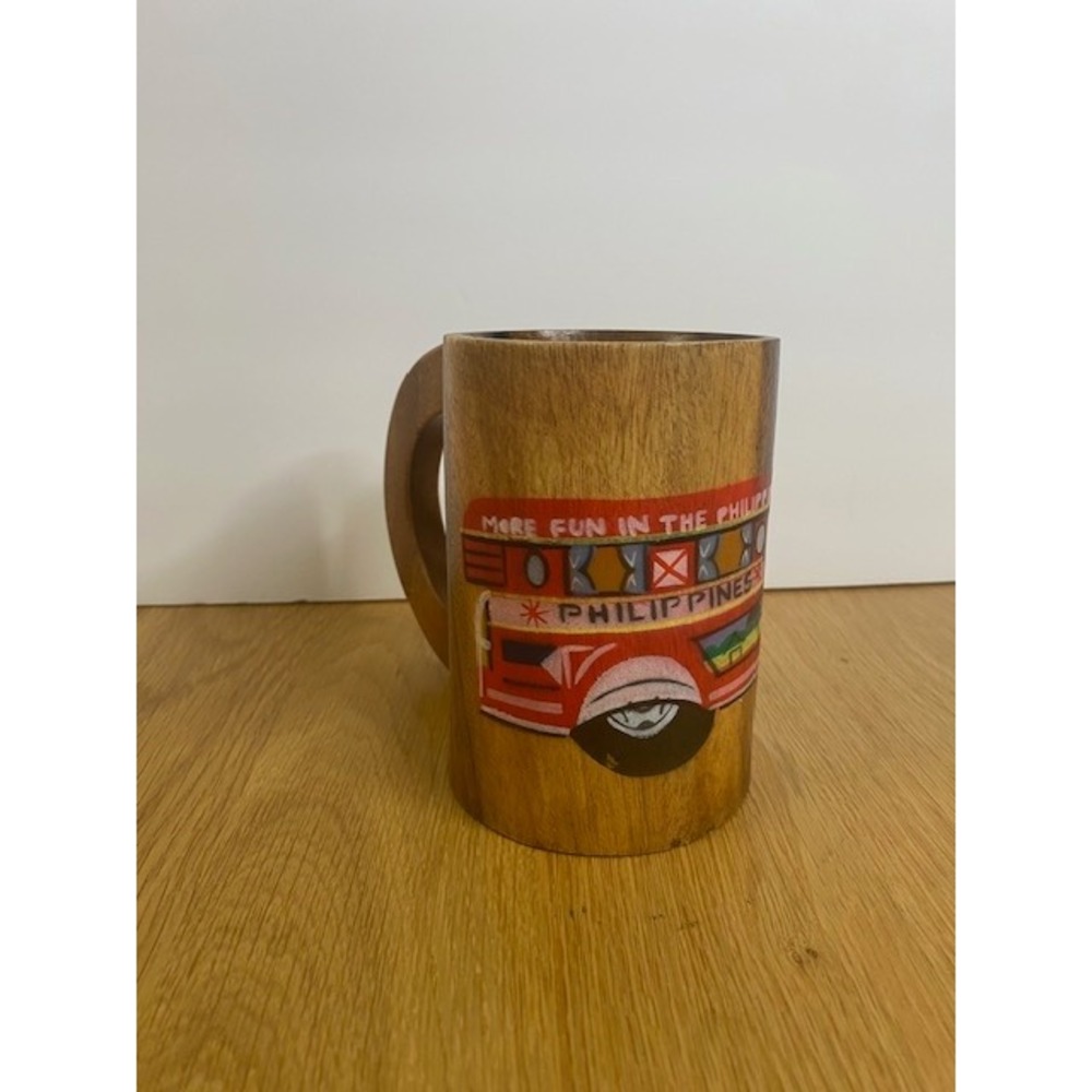 Wooden Mug Brown Good Hand Painted Philippines Jeepney Truck